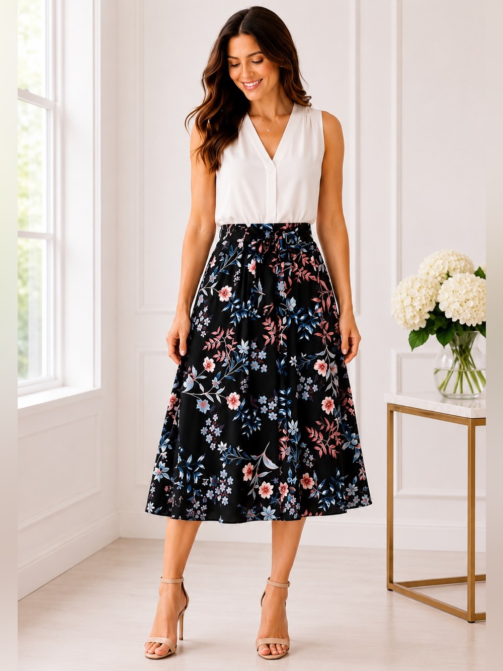 ELLE Plus Black Floral A-Line Midi Skirt Tie Waist Boho Feminine NWT XXL